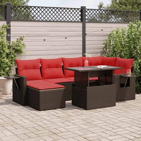 7 pcs conj. sofás jardim c/ almofadões vime PE/acácia castanho