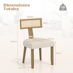 Conjunto de 2 cadeiras de jantar em madeira de borracha, com assento estofado, encosto largo e rattan; para sala de estar, quarto, restaurante e café+