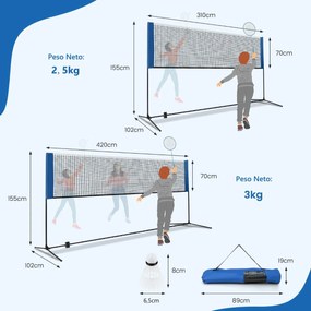 Rede de Badminton 420 cm Portátil Ajustável em Altura com Postes, Bolsa de Transporte e 2 Penas para Interior e Exterior  Azul