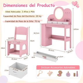 Toucador infantil com luzes e cadeira de princesa com 2 gavetas e Estante de 2 níveis, 3 ganchos e 2 prateleiras abertas Rosa