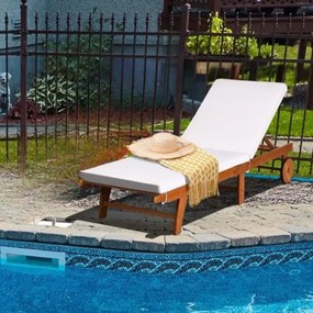 Espreguiçadeira dobrável para jardim em madeira ergonómica com encosto ajustável em 6 posições, almofada removível, rodas, carga 160 kg