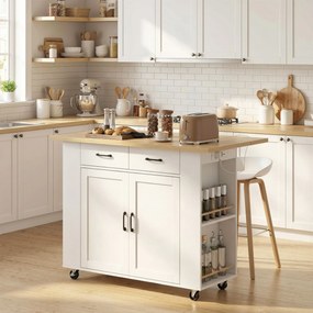 Carrinho de cozinha com Rodas, Ilha de cozinha 120 x 71 x 89 cm com estação de carregamento, e bancada rebatível, 2 gavetas, branco