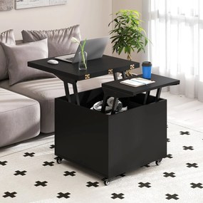 Mesa de centro elevável dobrável 3 em 1 com gaveta de armazenamento oculta e rodas bloqueáveis 360° Móvel preto