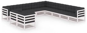 vidaXL 11 pcs conj. lounge de jardim c/ almofadões pinho maciço branco