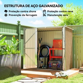 Abrigo de Jardim Exterior Metálico 1,37 m² 163x89x163 cm com Telhado Inclinado Portas com Fecho e Luvas Castanho