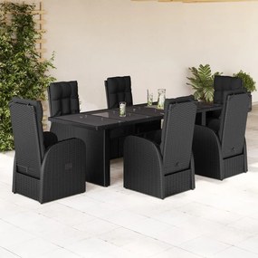 7 pcs conjunto de jantar p/ jardim c/ almofadões vime PE preto