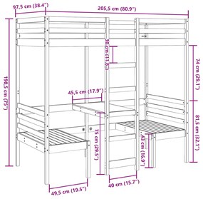 Cama alta com secretária e cadeiras 90x200 cm pinho maciço