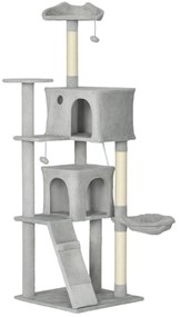 PawHut Arranhador para Gatos com Múltiplas Plataformas Cama 2 Cavernas Rede Escada Postes de Sisal 56x56x180 cm Cinza | Aosom Portugal