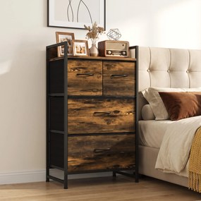 Cómoda com 4 Gavetas em Tecido para Quarto com Prateleira Superior e Estrutura Metálica Castanho Rústico