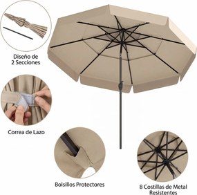 Guarda-sol de 300 cm com teto ventilado (BASE NÃO INCLUIDA), 3 níveis de folhas, inclinação ajustável por manivela e 8 varas – para jardim, piscina e