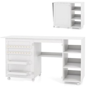 Mesa de Costura Dobrável Estação de Artesanato Multifuncional com Estantes 18 Ganchos Gavetas Mesa de Trabalho Portátil com Rodas Branco