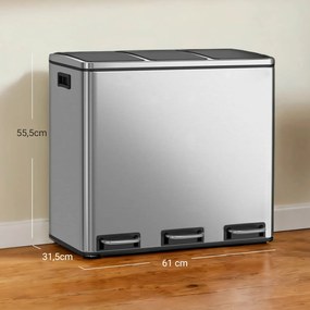 Caixote do lixo de cozinha, 3 x 18 L, sistema de separação de resíduos 3 compartimentos 61 x 31,5 x 55,5 cm Preto-prateado