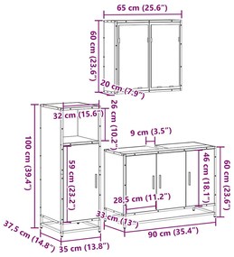 3 pcs conj. móveis WC derivados madeira cor carvalho castanho