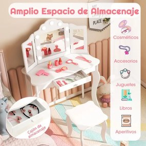 Conjunto de toucador e banco para raparigas 2 em 1 com espelho de vidro real triplo rebatível e gaveta Branco