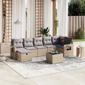 8 pcs conj. sofás jardim c/ almofadões vime PE bege misturado