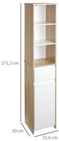 Armário de banheiro alto com 1 porta gaveta e 3 estantes Prateleira ajustável para sala de estar de cozinha 32,6x30x171,2 cm Madeira natural e branco