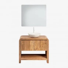 Conjunto De Móvel De Casa De Banho Em Madeira Vacry Castanho Acácia & Cimento Redondo Branco Ø40 Cm Zavion & Led Retangular E Anti-embaciamento 80x70