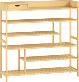 HOMCOM Sapateira, estante para sapatos com 6 níveis, gaveta em bambu, até 18 pares de sapatos, prateleira para entrada, quarto, 101 x 30 x 100 cm, Natural | Aosom Portugal