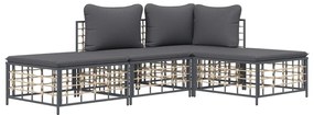 4 pcs conjunto lounge de jardim c/ almofadões vime PE antracite