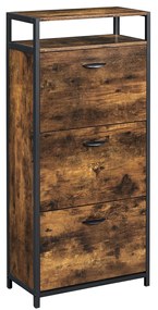 Armário para sapatos VASAGLE com 3 portas articuladas, rack de armazenamento com compartimento aberto, divisórias internas, para 15-18 pares de sapatos, 60 x 30 x 130 cm, marrom rústico e preto LBS101B01