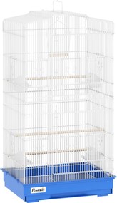 Gaiola para Pássaros Gaiola Metálica com 4 Tigelas de Comida 3 Poleiros Baloiço e Bandeja Removível Pega 46,5x35,5x92 cm Azul