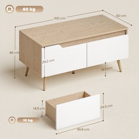 Mesa de Centro com 2 Gavetões e Pés de Madeira de Borracha 100x50x46 cm Carvalho