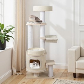 Arranhador para gatos de 151 cm com vários níveis, com poleiro acolchoado, caverna de 2 níveis, poste para arranhar e rede natural + branco