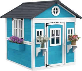 Outsunny Casinha de Madeira Infantil de 3-8 Anos com Porta Janelas Floreiros e Prateleiras com Detalhes 114x126,4x135 cm Azul | Aosom Portugal