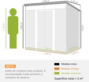 Abrigo de Jardim Exterior 2 m² 195x122x181,5 cm Abrigo Metálico com Base SEM CHÃO 2 Portas de Correr Janelas Cinza Claro