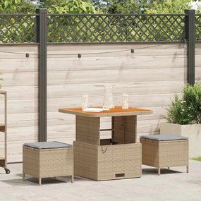Conjunto de Jantar de Jardim VidaXL com 3 Peças e Almofadas Bege em Rattan Poliéster e Acácia
