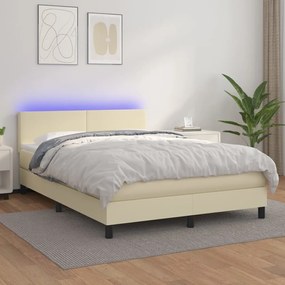 vidaXL Cama box spring c/ colchão/LED 140x190cm couro artificial creme