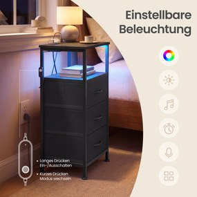 Mesa de cabeçeira com iluminação LED e base de carregamento 30 x 39,6 x 75,9 cm com 3 gavetas e compartimento aberto Preto