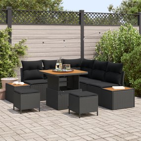 Conjunto de Sofá de Jardim vidaXL com Almofadas Vime Poli Preto Acácia