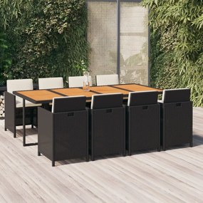 vidaXL 9 pcs conjunto de jantar p/ jardim c/ almofadões vime PE preto