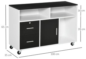 Armário Auxiliar multiusos de Escritório para Impressora com Prateleiras e Gavetas Grande Arrumação 100x35x65 cm Preto e Branco