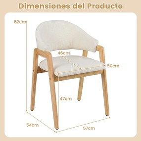 Conjunto de 2 cadeiras de jantar com assento acolchoado e encosto curvo ergonómico, estrutura em madeira de borracha branca e natural