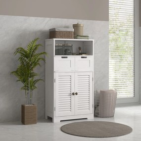 Móvel de casa de banho com 2 portas  61 x 30,5 x 109,5 cm, prateleira ajustável e 2 gavetas, compartimentos abertos, branco