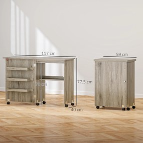 Mesa de costura dobrável 59 L x 40 P x 79,5 A cm (dobrado), móvel de costura com aba, com caixas de arrumação, prateleira aberta e rodas com efeito de