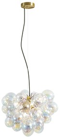 Candeeiro suspenso Art Déco dourado com vidro arco-íris 50cm 8-luzes - Uvas