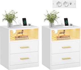 Conjunto 2 Mesas de cabeceira 35 x 40,1 x 50,2 cm com estação de carregamento e LED branco Coleção Custos Brancas