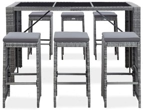 7 pcs conjunto bar para jardim c/ almofadões vime PE cinzento