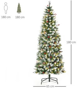 Árvore de Natal Nevada Artificial 180cm com 300 Luzes LED Branco Quente 618 Ramos Ignífugos de PVC Decorações Incluidadas e Base Dobrável Ø65x180cm Ve