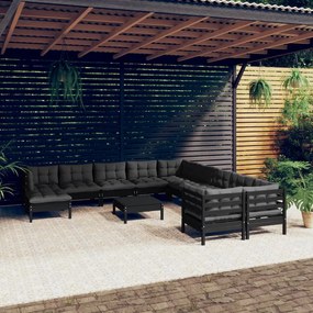 vidaXL 12 pcs conjunto lounge de jardim c/ almofadões pinho preto