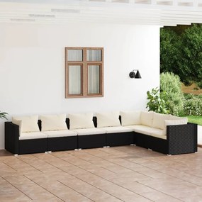 7 pcs conjunto lounge de jardim c/ almofadões vime PE preto