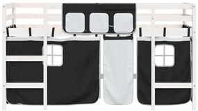 Cama alta criança c/ cortina 90x190cm pinho maciço branco/preto