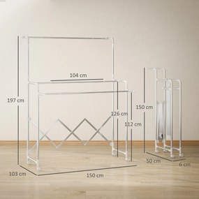 Estendal de roupa dobrável para interior com 3 barras ajustáveis e 4 Rodas, 104-150 x 103 x 145-197 cm, prateado