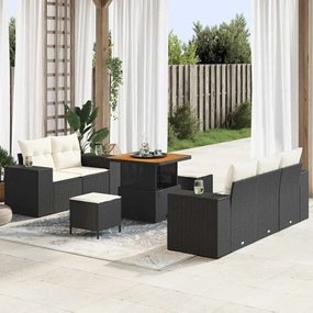 vidaXL Conjunto de sofá de jardim de 8 peças com almofadas em rattan preto e acácia.