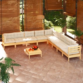 vidaXL 10 pcs conjunto lounge jardim c/ almofadões creme pinho maciço