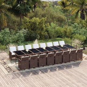 vidaXL 17 pcs conjunto jantar p/ jardim c/ almofadões vime PE castanho