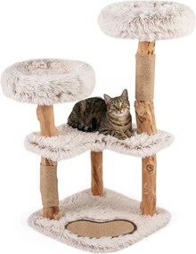 Arranhador para gatos de madeira 48 x 48 x 101 cm com interior boho luxuoso, 2 poleiros almofadados, postes para arranhar, tapete removível natural e